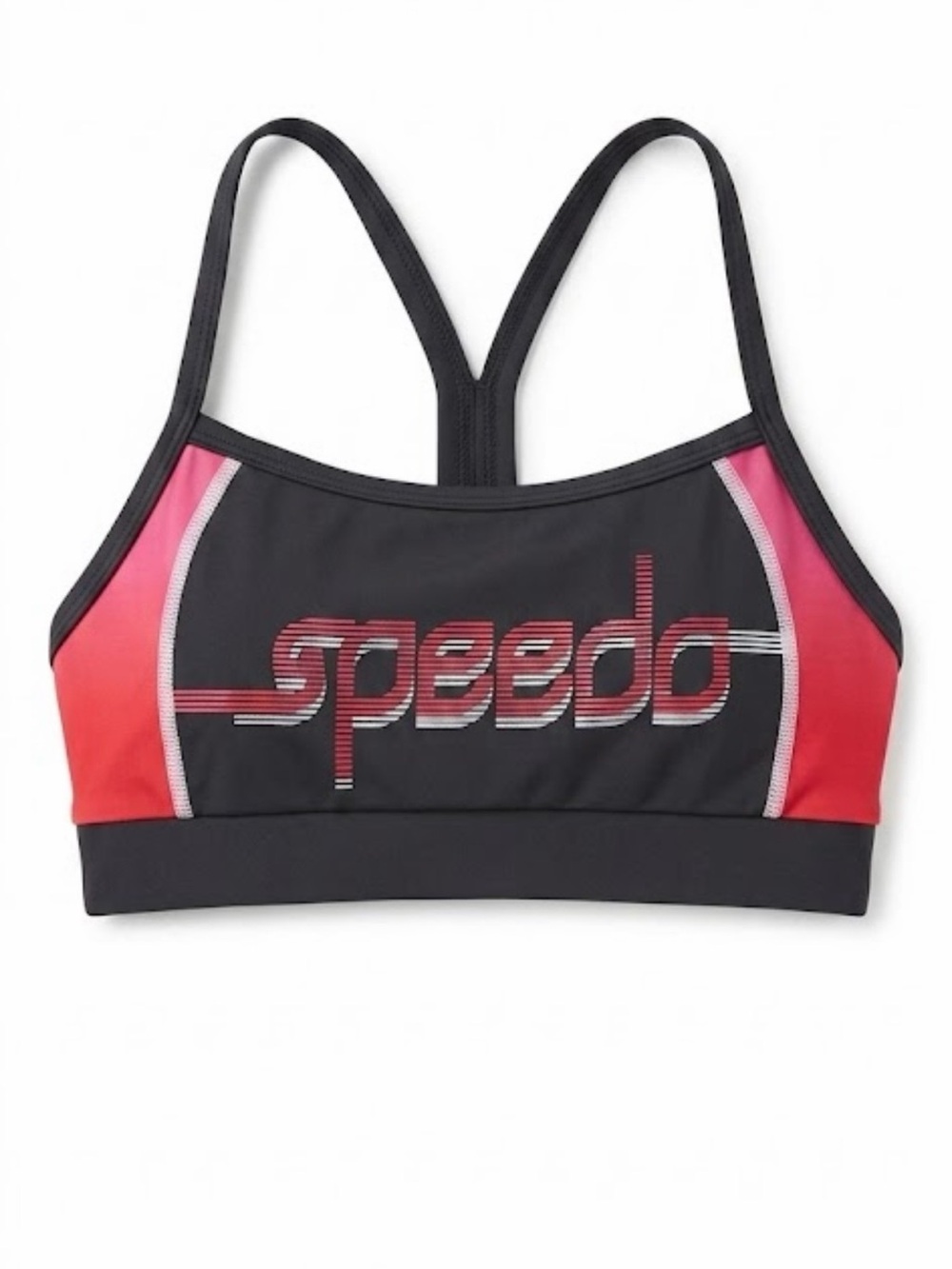 Speedo woman’s race back swim top bikini top black pink graphic like new